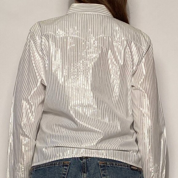 Vintage Y2K WRANGLER Metallic Silver Striped WESTERN Shirt! Large - Picture 6 of 15